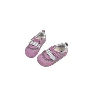 Purple breathable mesh sneakers for toddler girls featuring checkered velcro straps