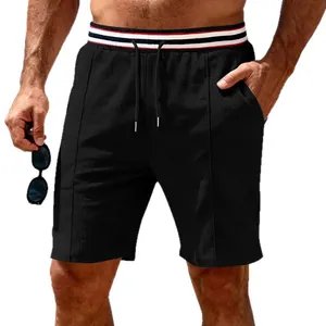 Men's black quick-dry athletic shorts with striped waistband and drawstring for summer