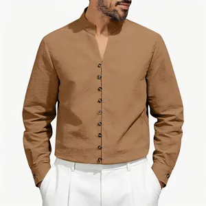 Detail view of men's ethnic stand collar shirt featuring textured fabric and buttons.