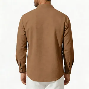 Detailed back view of a men's ethnic style loose long-sleeve shirt with stand collar