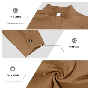 Close-up detail view of men's stand collar shirt neck, cuffs, and polyester fabric texture