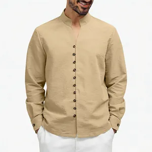 Detail of men's casual stand collar shirt with button-down front in beige