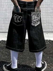 Herren Amerikanische Retro Bestickte Jeans Sommer Hip Hop Weites Bein 3/4 Denim Hose Kontrastnähte Baggy Kurze Hose