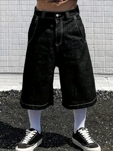 Vintage schwarze Wide-Leg Denim-Shorts für Herren mit auffälligen weißen Kontrastnähten