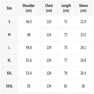 Size chart for men's loose short sleeve Polo shirt including chest and length dimensions