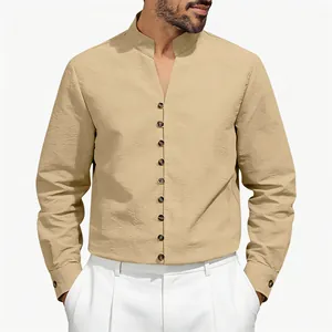 Close-up of men's khaki stand-collar shirt with textured fabric and button details