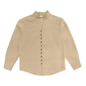 Detailed view of men's khaki long sleeve mandarin collar shirt with ethnic style buttons