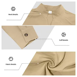 Detail showing the stand collar, cuff, and textured fabric of the men's shirt