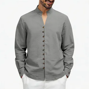 Front detail of grey men's ethnic style stand collar shirt with vintage buttons