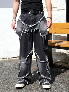High street men's denim pants with distressed star patchwork and frayed fringe details