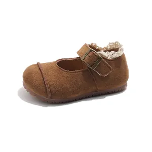 Vintage brown suede toddler Mary Jane shoes with buckle and lace trim