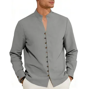 Detailed view of the fabric texture and collar design on a men's grey casual shirt.