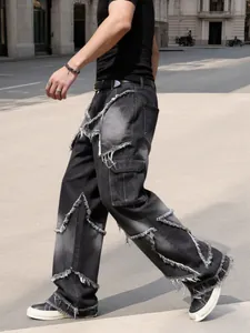 Side view of high street men's jeans featuring patchwork stars and frayed edges