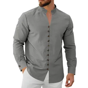 Detail of men's grey stand collar long sleeve shirt with textured fabric and button front