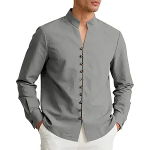 Detailed close-up of men's grey stand collar long sleeve shirt with vintage buttons