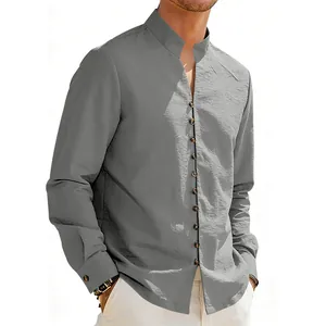 Men's casual grey long sleeve shirt with mandarin collar and textured fabric detail.