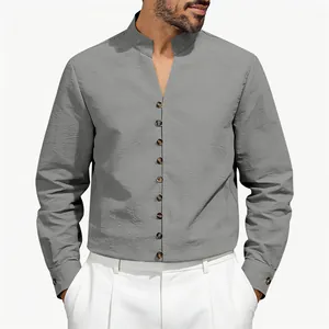 Men's casual grey long sleeve shirt featuring a stand collar and textured fabric detail