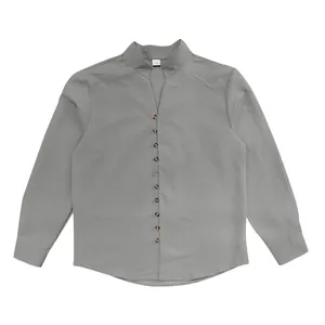 Men's stand collar long sleeve grey shirt with decorative button detail and casual ethnic style