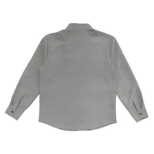 Back view of a grey men's casual long sleeve shirt with textured fabric and Mandarin collar