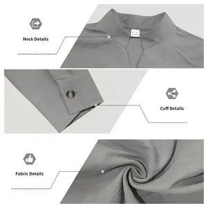 Detailed views of neck, cuff, and fabric texture of men's mandarin collar shirt