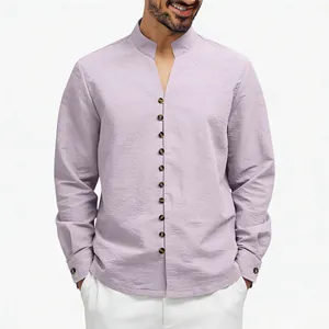 Lavender men's casual stand collar long sleeve shirt with vintage button details