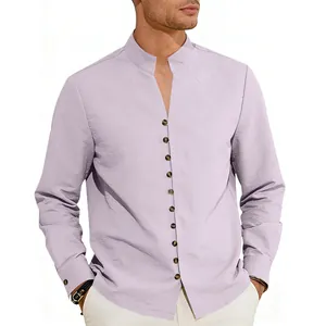 Close-up detail of men's lavender mandarin collar long sleeve shirt with decorative buttons