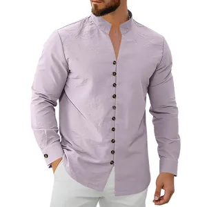 Detailed lavender men's shirt featuring a stand collar and button-up front design