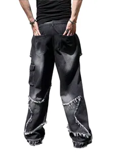 Men's high street black denim pants with distressed star patchwork and raw frayed edges