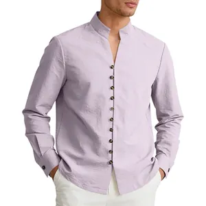 Detail of men's lavender long-sleeve shirt with stand collar and decorative buttons