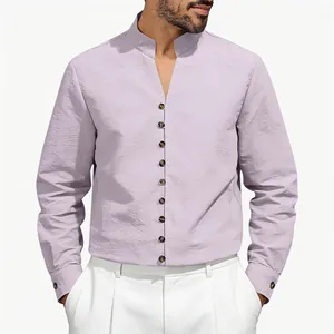 Detailed view of lavender men's long-sleeve shirt with mandarin collar and shell buttons.