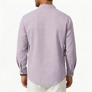 Back view of men's loose lavender long sleeve stand collar shirt in linen texture