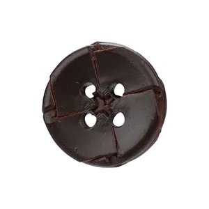 Bouton en cuir de vachette marron foncé de haute qualité à 4 trous avec gravure décorative