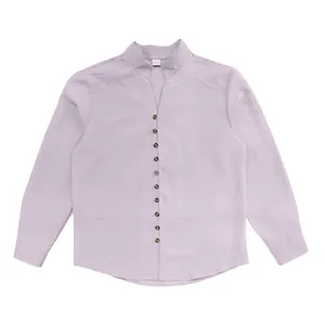 Detail of lavender men's long-sleeve shirt with Mandarin collar and textured fabric