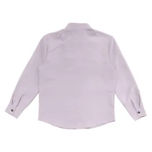 Back view of lavender men's casual long sleeve shirt with standing collar and linen texture