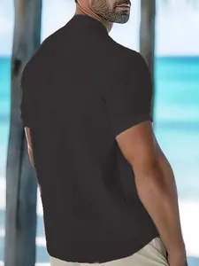 Back view of a men's loose fit short sleeve polo shirt with half-open collar