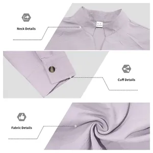 Close-up details of lavender men's stand collar shirt neck, cuff and fabric texture