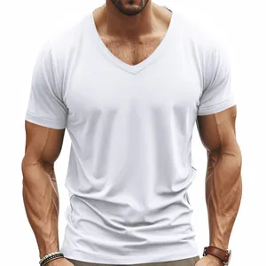 Detailed view of men's white V-neck T-shirt with breathable athletic slim fit fabric