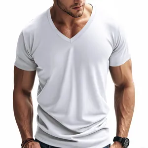 Close-up detail of a white V-neck quick-dry athletic T-shirt for men on a muscular model.