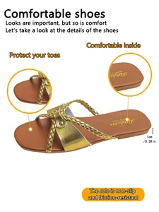 Detaillierte Merkmale der geflochtenen goldenen Damen-Sandalen mit rutschfester 1 cm Sohle