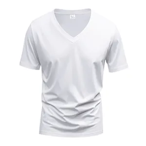 Detailed view of a minimalist white V-neck quick-dry short-sleeve T-shirt for men