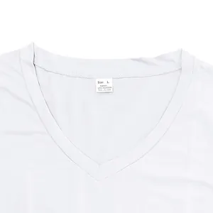 Close-up view of a white V-neck men's T-shirt showing size L polyester fabric label
