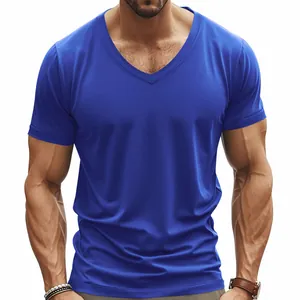 Close-up of men's blue V-neck quick-dry athletic T-shirt for casual wear.