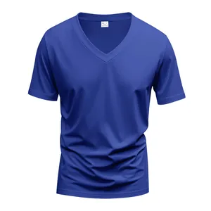 Front detail view of a men's royal blue V-neck quick-dry breathable athletic sports T-shirt