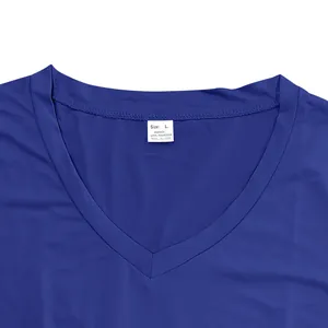 Close-up of blue V-neck T-shirt neckline with size L polyester label