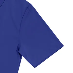 Close-up of the durable shoulder stitching and sleeve of a royal blue dry-fit T-shirt