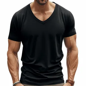 Detail of men's slim fit V-neck black T-shirt showing the breathable fabric texture