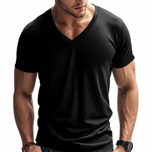 Detailed view of the black V-neck t-shirt showing the soft fabric texture and slim fit