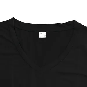 Close-up of black V-neck t-shirt collar with size L and 100% polyester label details.