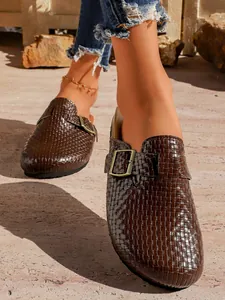 Mules tressées à bout fermé pour femmes, marron foncé, chaussures rétro décontractées