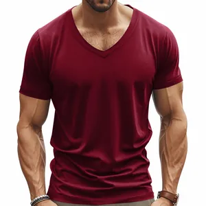 Close-up of men's burgundy V-neck athletic t-shirt showing fit and fabric texture